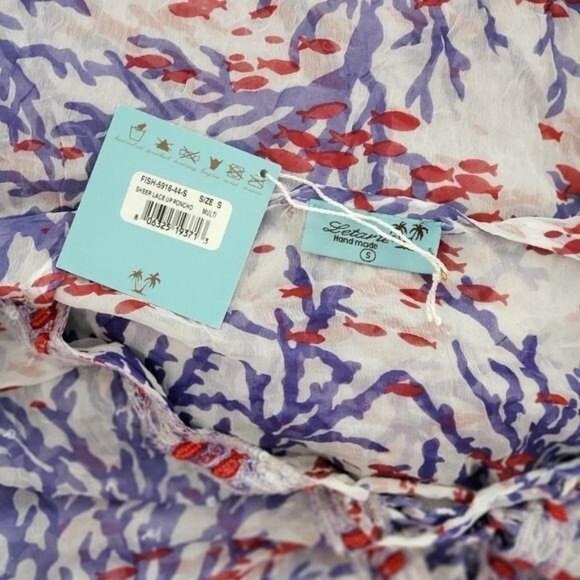 Letarte Silk Sheer Fish and Coral Print Lace Up Swim Coverup with Beads/Sequins - Picture 5 of 7